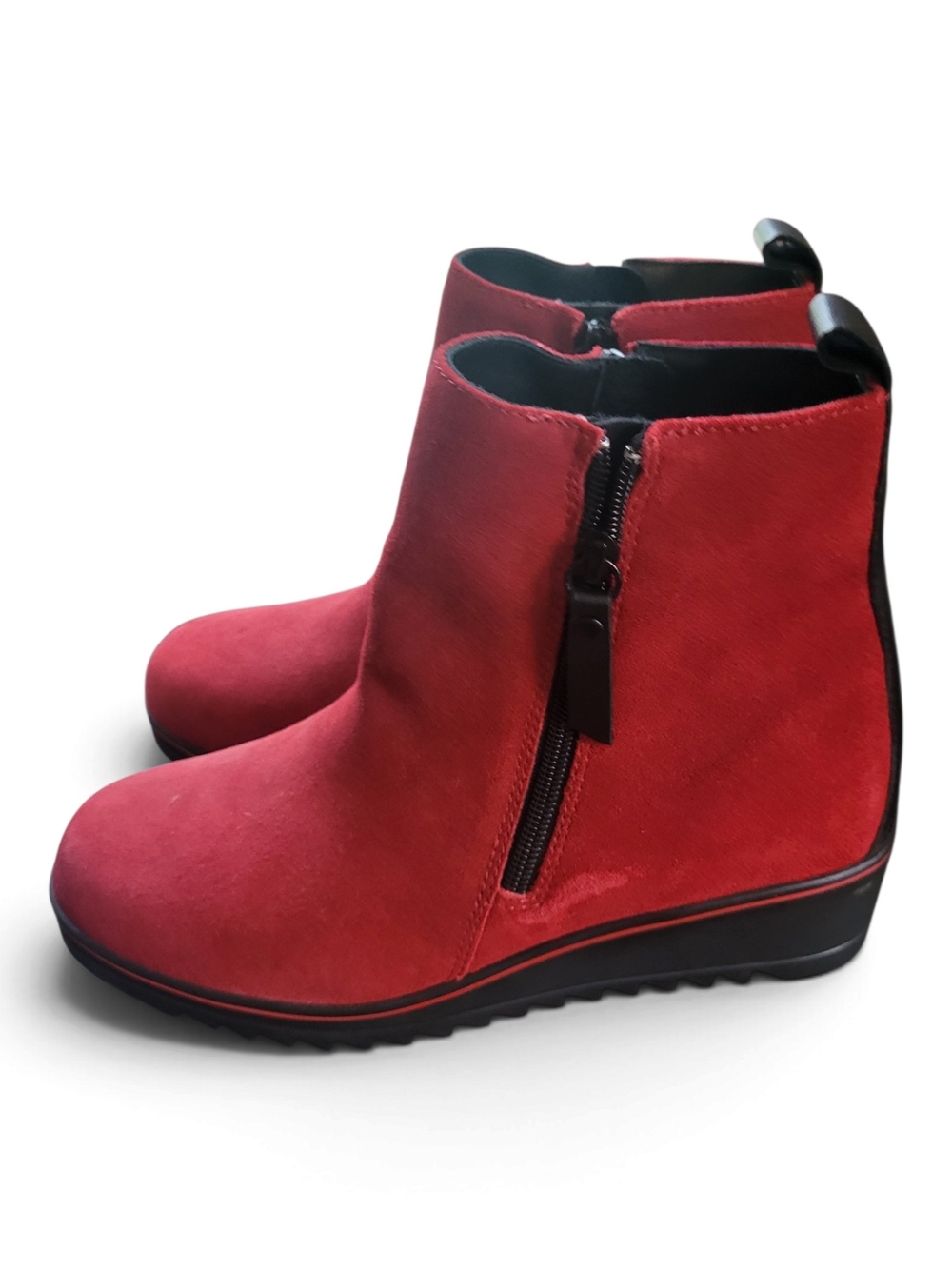 Pajar Red Suede Wedge Ankle Boots with Side Zip Tried On Once Never Outside